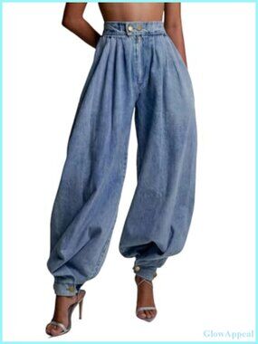 Women's Baggy Harem Wide Leg Balloon Jeans High Waist Zip Pleated Denim